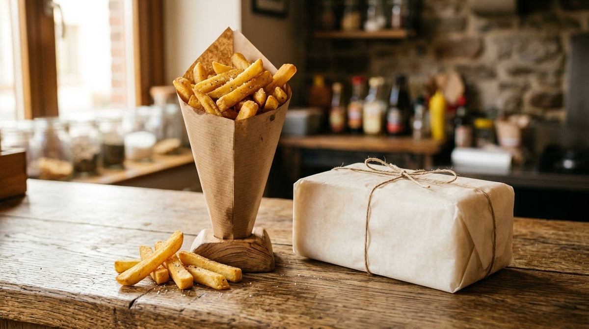 Gyllene belgiska pommes frites i en pappersstrut bredvid ett block vit nöttalg
